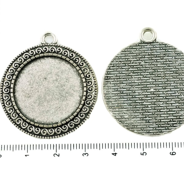 2pcs Antique Ton Argent Grand Pendentif Rond Cabochon Paramètres Spirale Blanc Plateau de Métal de Base Ajustement Camée 25mm