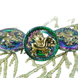 1pc Handmade Czech Glass Button Gold Pegasus Horse Volcano Green Purple Animal Size 10, 22.5mm