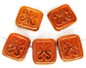 6pcs Metallic Capri Gold Copper Two-sided Carved Rectangle Flat Flat Czech Glass Beads 12mm x 11mm