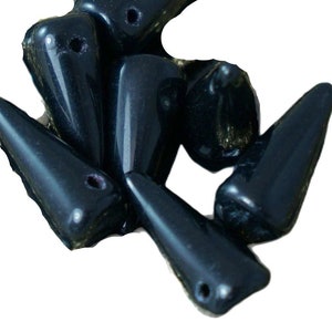Jet Black Czech Glass Spike Beads Cone Drop Thorn 14mm x 6mm 14pcs