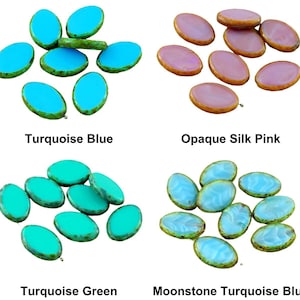 Peut inclure: Assortiment de perles de verre ovales en bleu turquoise, vert turquoise, rose soie opaque et bleu turquoise pierre de lune.