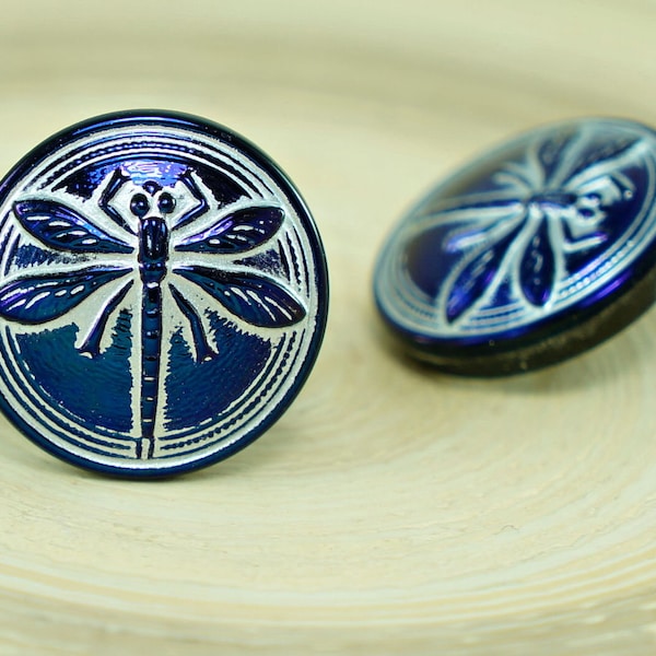 1pc Small Blue Star Matte Silver Dragonfly Insect Handmade Czech Glass Buttons Size 8, 18mm