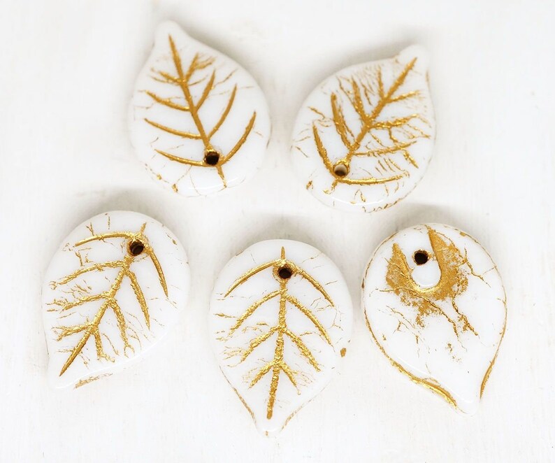 6pcs Opaque White Rustic Gold Patina Wash Large Flat Leaf Carved Beads Leaf Beads Czech Glass 18mm x 13mm