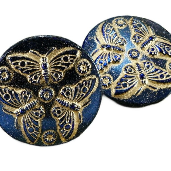 1pc Handmade Czech Glass Button Large Matte Gold Butterfly Shiny Dark Purple Blue Size 12, 27mm