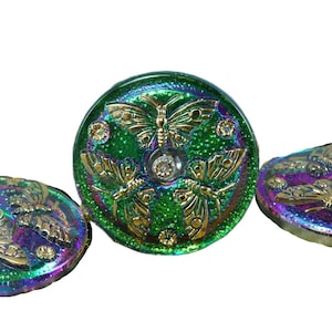 1pc Handmade Czech Glass Button Large Gold Butterfly Dichroic Vitrail Green Size 12, 27mm