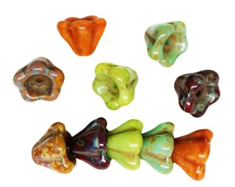 16pcs Picasso Mix Green Red Turquoise Blue Brown Rustic Earthy Bell Beads Caps Flower Czech Glass 6mm x 8mm