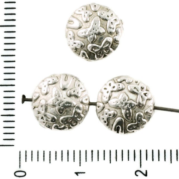 8pcs Antique Silver Tone Flat Round Coin Butterfly Pattern Beads Two Sided Czech Metal Findings 10mm x 5mm