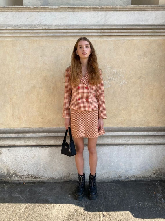 Vintage 70s two piece set plaid blazer and skirt