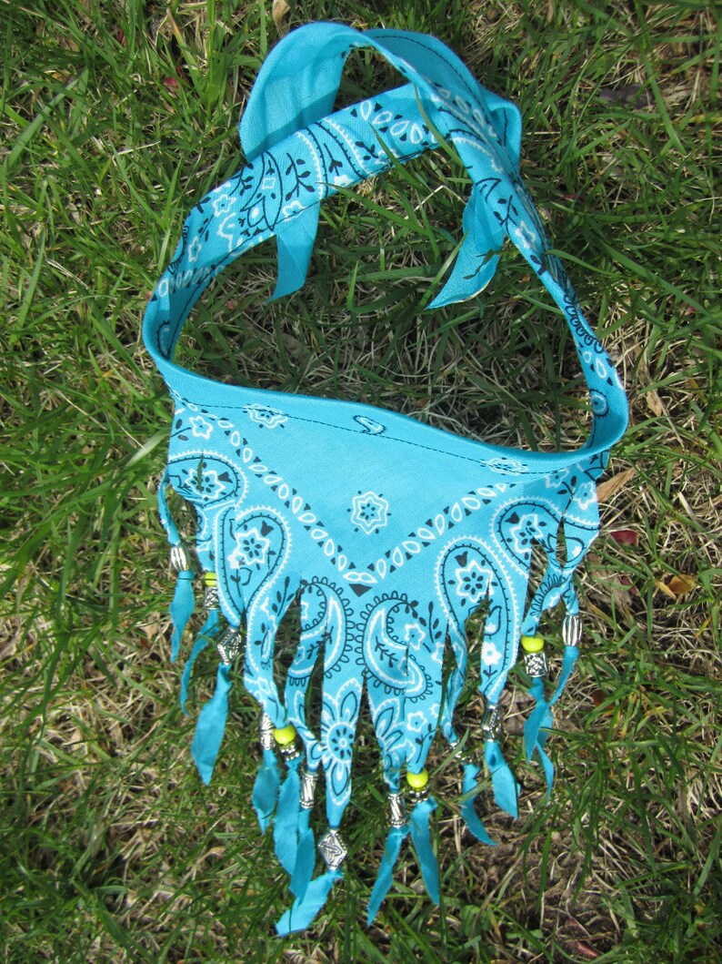 Upcycled Turquoise Bandana Fringe Necklace with beads Silver Etsy