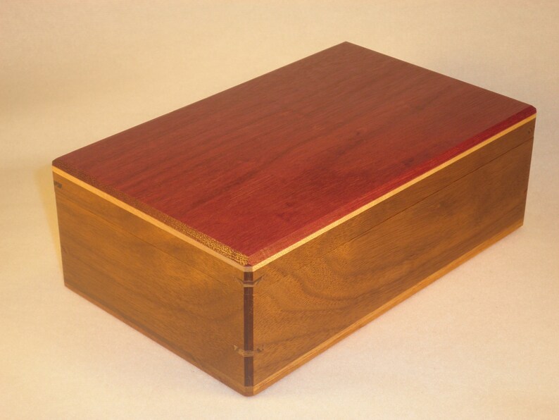 Fabulous Jewelry Box with brightly-figured Purple Heart lid surrounded by rich Black Walnut sides
