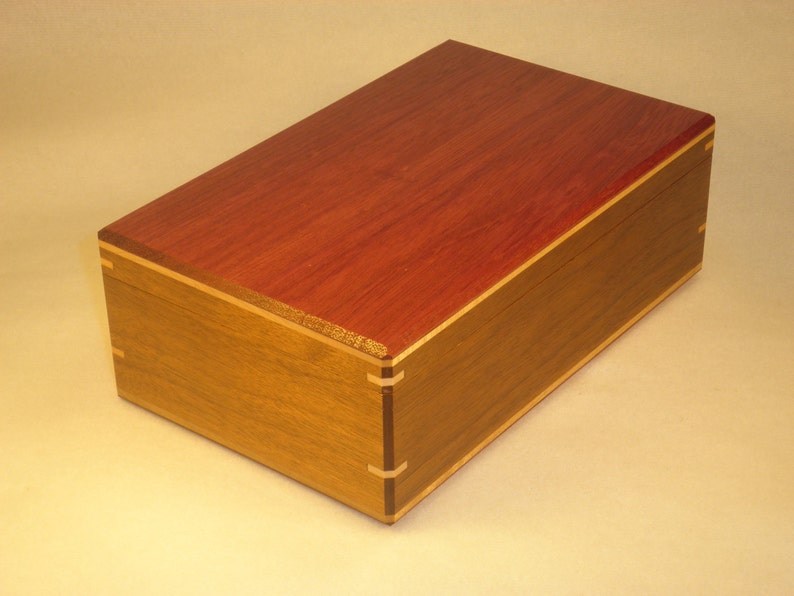 Fabulous Jewelry Box with brightly-figured Purple Heart lid surrounded by rich Black Walnut sides