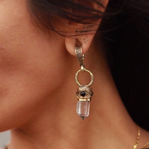 Wrapping Quartz - Amethyst Ear hangers - Ear Weights - quartz, amethyst, white brass - Moon earrings