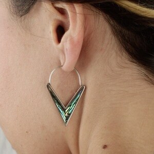 TEAK - Triangle Geometric Earrings - Made of White Brass With Abalone / White Shell - Silver Tone Earrings - Handmade