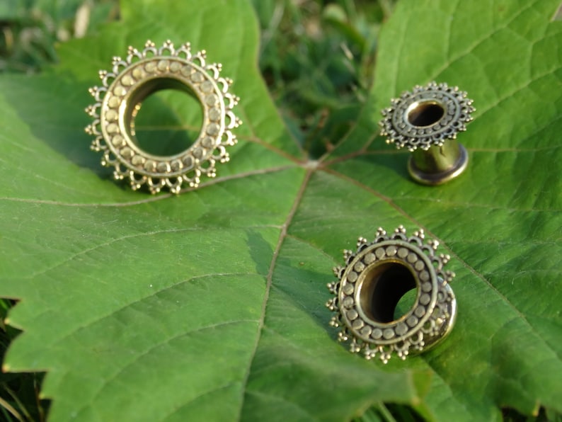 Sun flower ear tunnel price x 1 gauged ear brass tunnel Etsy