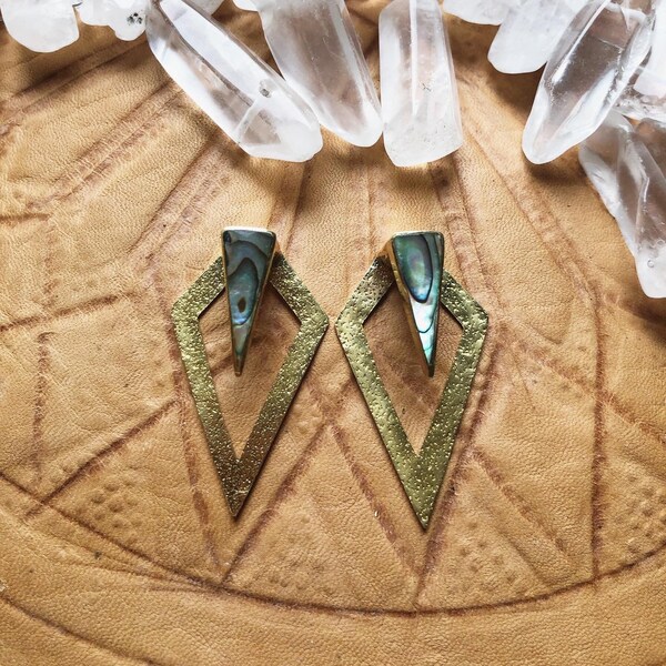 diamonds earrings, ear gauges, blue green shell, boho, brass earrings, shell earrings, brass, earweights, earweight, silver, diamond shape