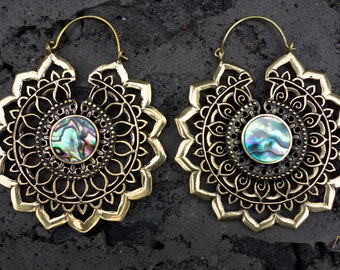 GALA earrings made of shell, abalone, big earrings, wings, hoops, carved, big hoops, boho earrings, mandala, silver, brass, festival style