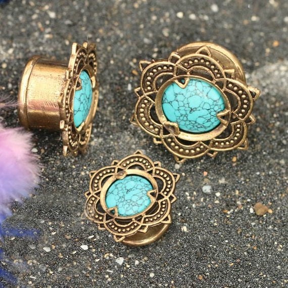 Hand Crafted Lotus Flower Brass Tunnel Gauged Earrings Silver