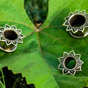 Hand crafted flower tunnel, Gauged Earring, brass color available, price by piece, brass tunnel, plug, golden ear tunnel