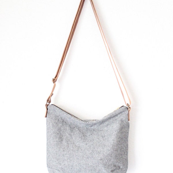 shoulder bag - grey linen with leather strap crossbody