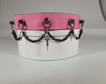 Pink and Black Dagger and Star Leather Collar Choker