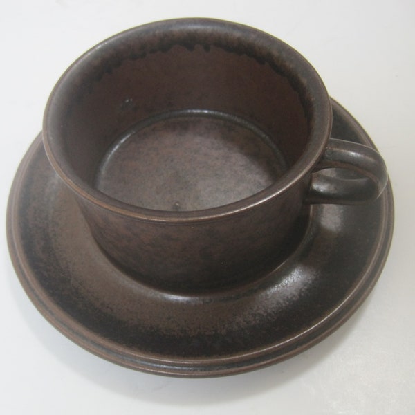 Arabia Ruska Flat Cup & Saucer Set, 8 Oz, Ulla Procope Design, Vintage Midcentury Stoneware, Discontinued Pattern, Finland