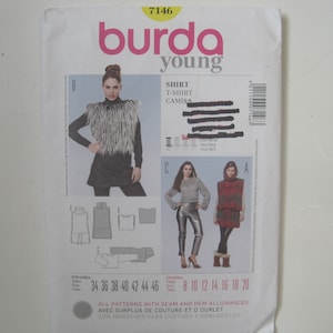 May include: Burda Young sewing pattern 7146 for a shirt, t-shirt, or blouse. The pattern includes sizes 34 to 46 and 8 to 20. All patterns include seam and hem allowances.