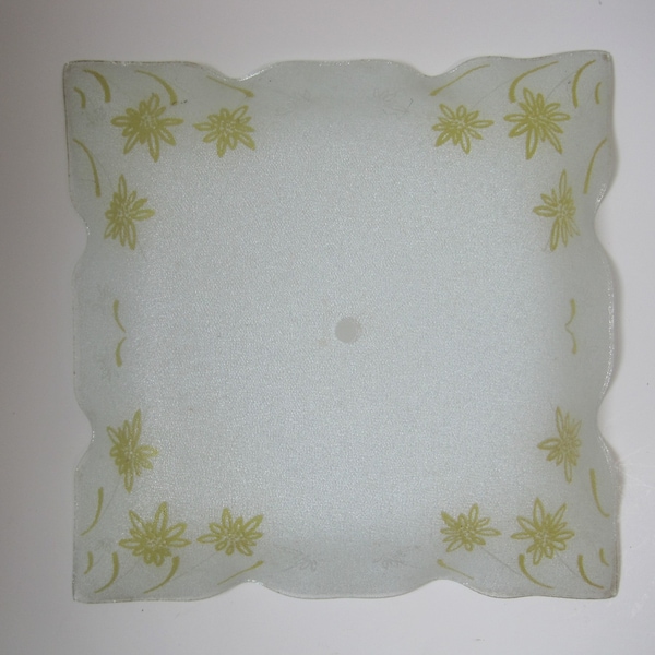 Midcentury Style Light Shade, Ceiling Mount Fixture, White Frosted Glass, Yellow & Clear Glass Flowers, 13.5" Square, Kitchen, Bath, Entry