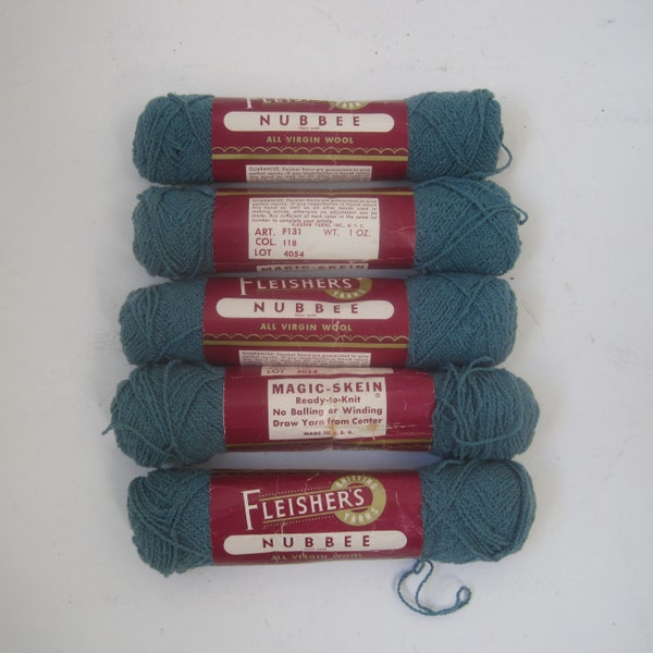 5 1-Oz Skeins Fleisher's Nubbee Wool Yarn, Color 118 Teal, Vintage 1950s, Made in USA