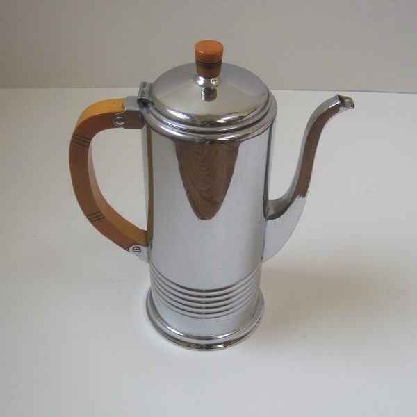 Farber Bros Krome Kraft Tall Coffee Pot, Chrome w/ Butterscotch Bakelite Handle & Knob, 4.5 Cups, Vintage Art Deco Design Metal Ware NY, USA