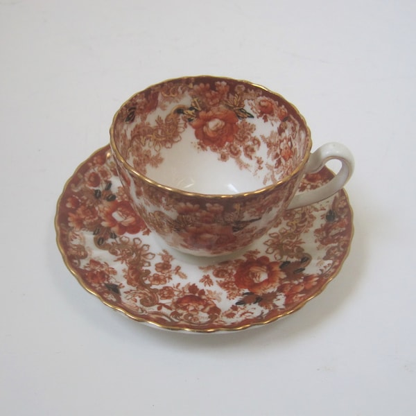 Radford Fenton Victorian Rust Demitasse Cup & Saucer Set, #642, Bone China, Floral w/ Gold Trim, Discontinued Pattern, Made in England