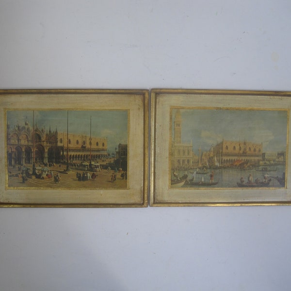 2 Florentine Style Wall Plaques, 8 x 10.5", Gilt & Painted Wood Decoupage, Venice Plaza San Marco and Grand Canal, Made in Italy