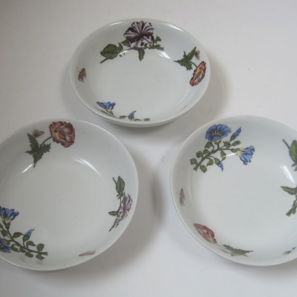 3 BIA Cordon Bleu "Caroline" Coupe Cereal Bowls, 6.875", Flowers & Butterflies, Discontinued Pattern, Made in China, Hand Decorated in USA