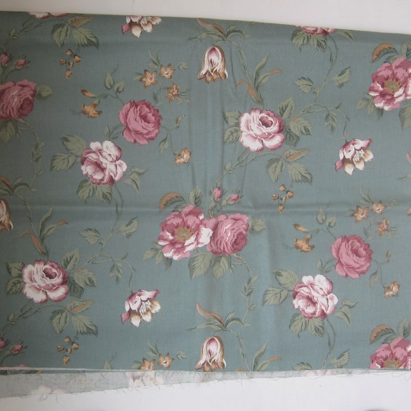 Floral Print 3-yard Fabric Length, Artistic Designs, Inc., 54" wide, Pink & Gold Flowers, Green Leaves on Turquoise Background
