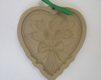 Brown Bag Cookie Art Heart Shape Cookie Mold, Tulips Spring Flower Bouquet, 5.5", Hill Design, 1989, Baking, Crafts, Country Kitchen Decor