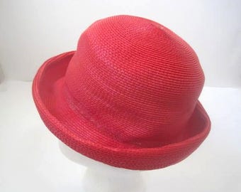 80s Designer Saks Fifth Ave Red & Black Straw Bowler Hat 80 main image 2