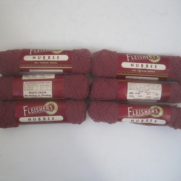 6 1-Oz Skeins Fleisher's Nubbee Wool Yarn, Color 126 Dark Pink, Vintage 1950s, Made in USA