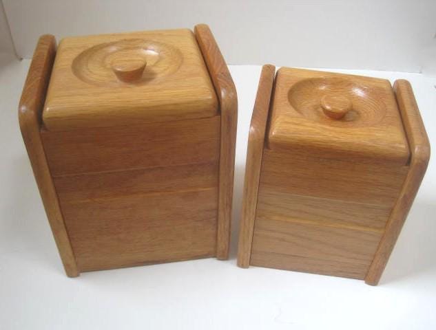 2 Solid Wood Canisters w/ Plastic Liners, 7.5" and 6.5" high, Vintage Flour & Sugar Storage, Cottage Chic, Country Kitchen, Farmhouse, Props