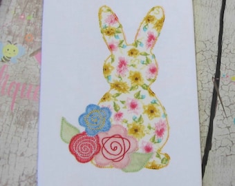Easter Bunny Machine Applique Design with Flowers,  Digital Download