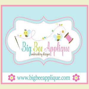 May include: A pink and blue logo with the text "Big Bee Applique embroidery designs" and the website address "www.bigbeeapplique.com". The logo features two cartoon bees flying along a dotted line with a needle and thread.