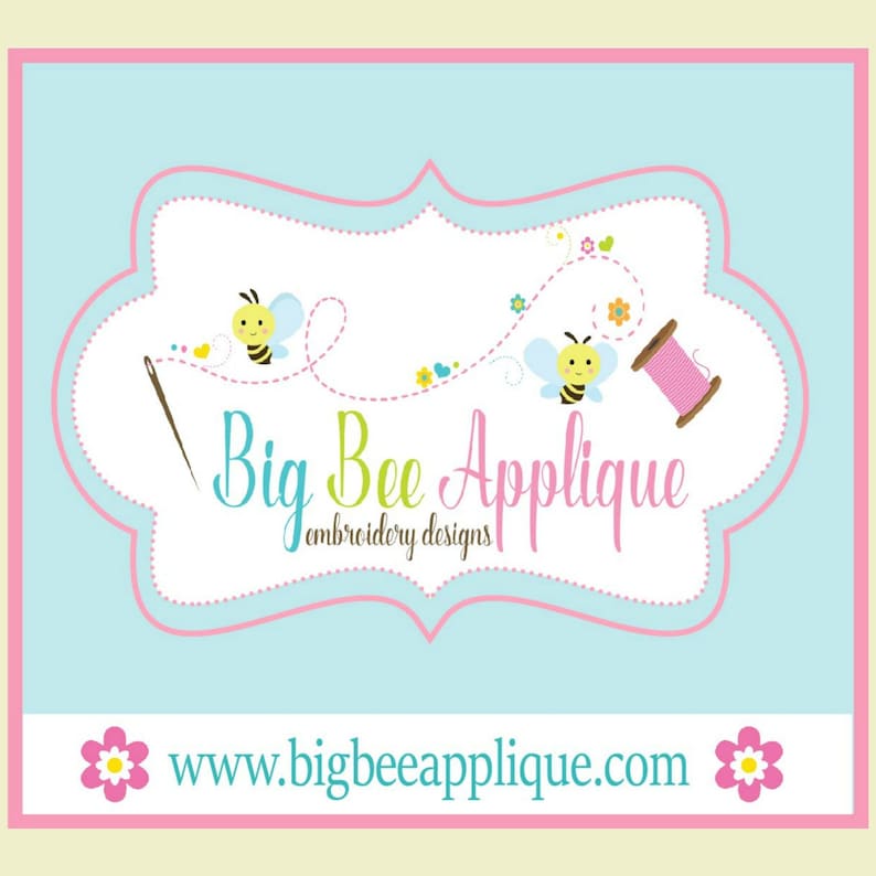 May include: A pink and blue logo with the text "Big Bee Applique embroidery designs" and the website address "www.bigbeeapplique.com". The logo features two cartoon bees flying along a dotted line with a needle and thread.