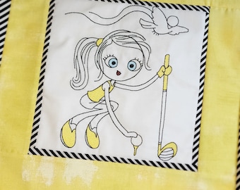 May include: A white background with a black and white striped border. Inside the border is a black and white line drawing of a girl playing golf. The girl is wearing a yellow shirt and has a ponytail. She is swinging a golf club and there is a golf ball on the ground.