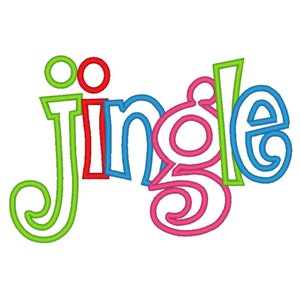 May include: A colorful graphic of the word "Jingle" in a playful, outlined font. The letters are in various colors: green, red, blue, and pink, creating a festive and eye-catching design, perfect for holiday-themed projects.