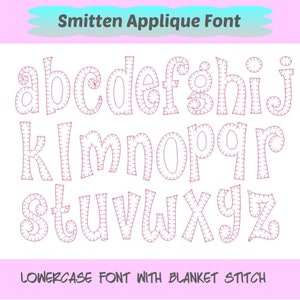 May include: Lowercase alphabet applique font with blanket stitch. The letters are outlined in pink and are in a playful, rounded style.