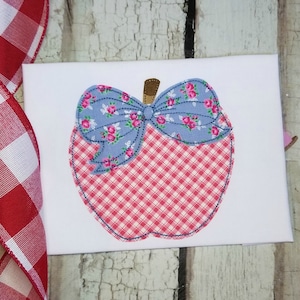 Apple with Bow Machine Applique Design File, Back to School Embroidery