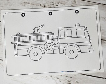 Pagine da colorare con ricamo riutilizzabile per i primi soccorritori, realizzate con il telaio, camion dei pompieri, elicottero, auto della polizia, ambulanza