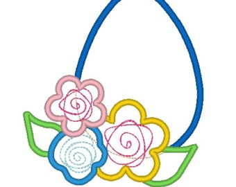 Diseño de apliques a máquina con forma de huevo de Pascua y flores, diseño de apliques de primavera, puntada de satén
