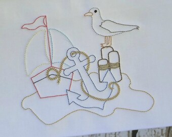 Summer Machine Embroidery Design, Sailboat Beach Scene Vintage Stitch