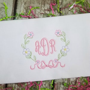 Vintage Laurel Monogram Frame Embroidery Design with Ribbon and Flowers