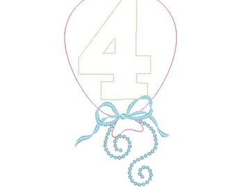 4th Birthday Balloon Machine Applique Design, Fourth Birthday Embroidery Applique Design