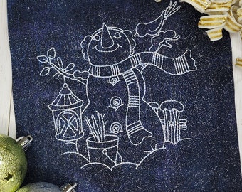 Snowman Machine Embroidery Design, Winter Redwork Vintage Stitch